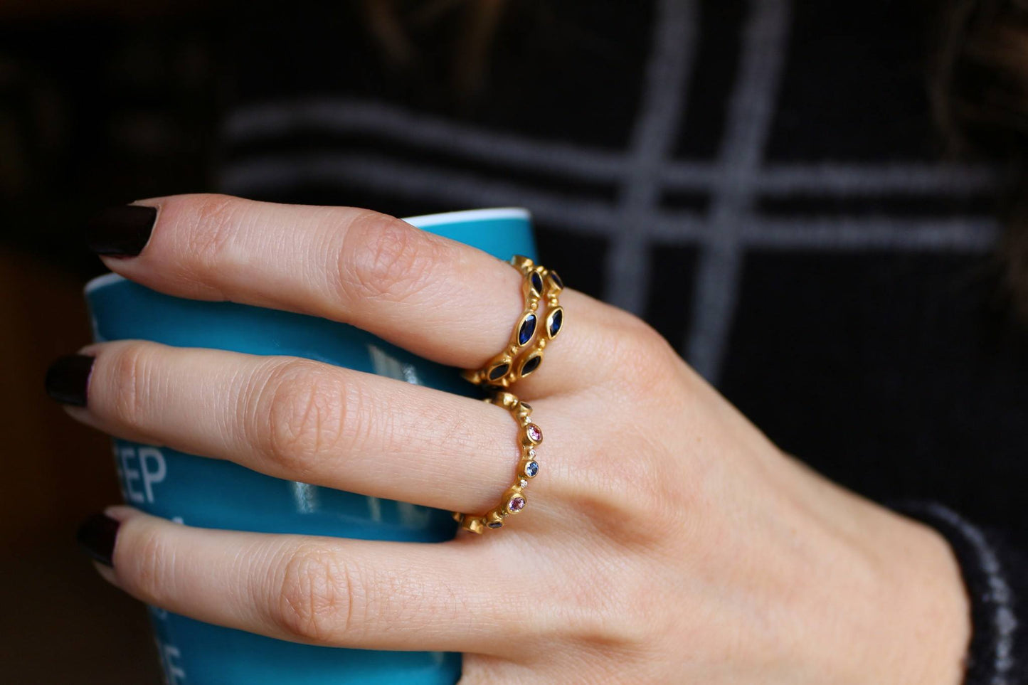 rings stacked on model hand