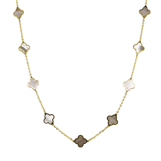 mother of pearl clovers around a gold necklace chain