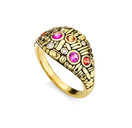 gold ring with small gemstones and diamonds