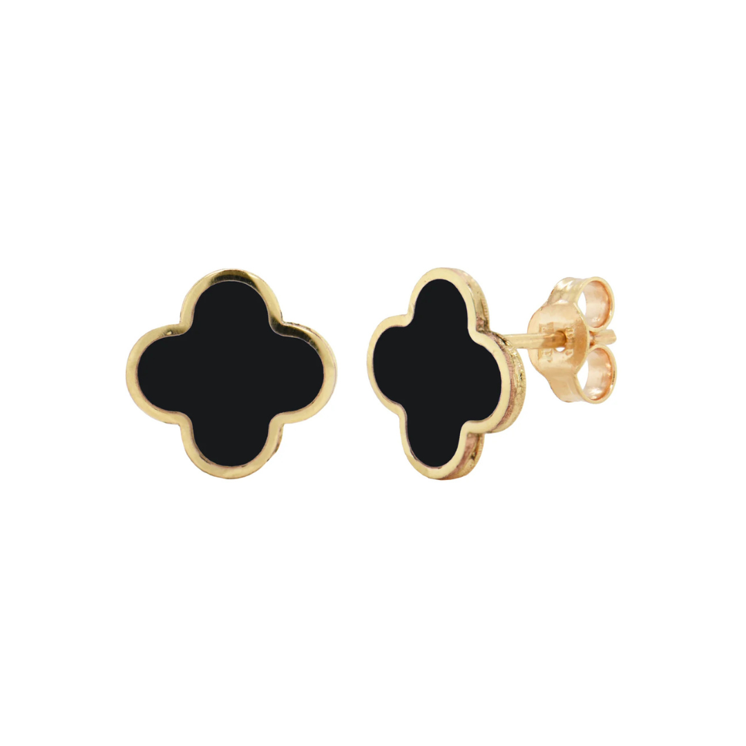 black colored clover earrings with gold