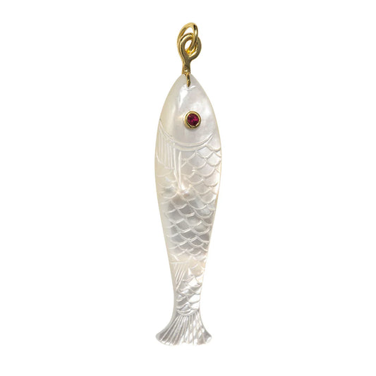 large white fish pendant with red eye