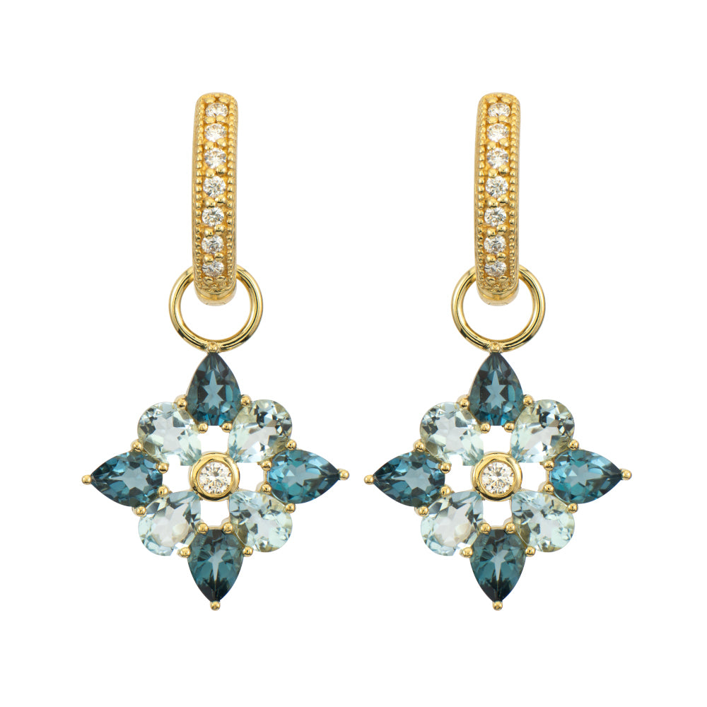 blue and topaz gemstones made in earrings with gold and diamond huggies