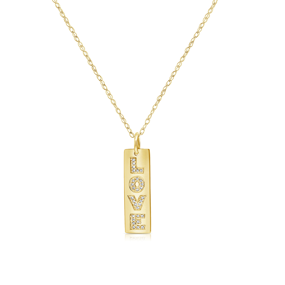 yellow gold necklace with love spelled out in diamonds