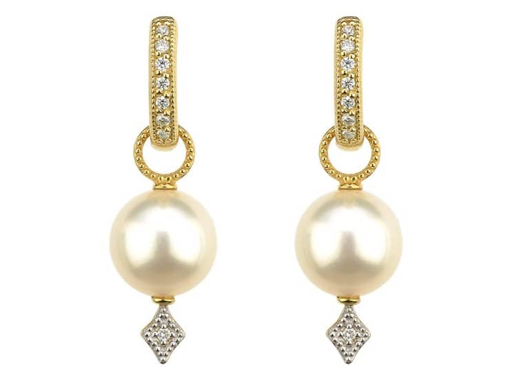 gold and diamond band earrings with a pearl and diamonds at the bottom